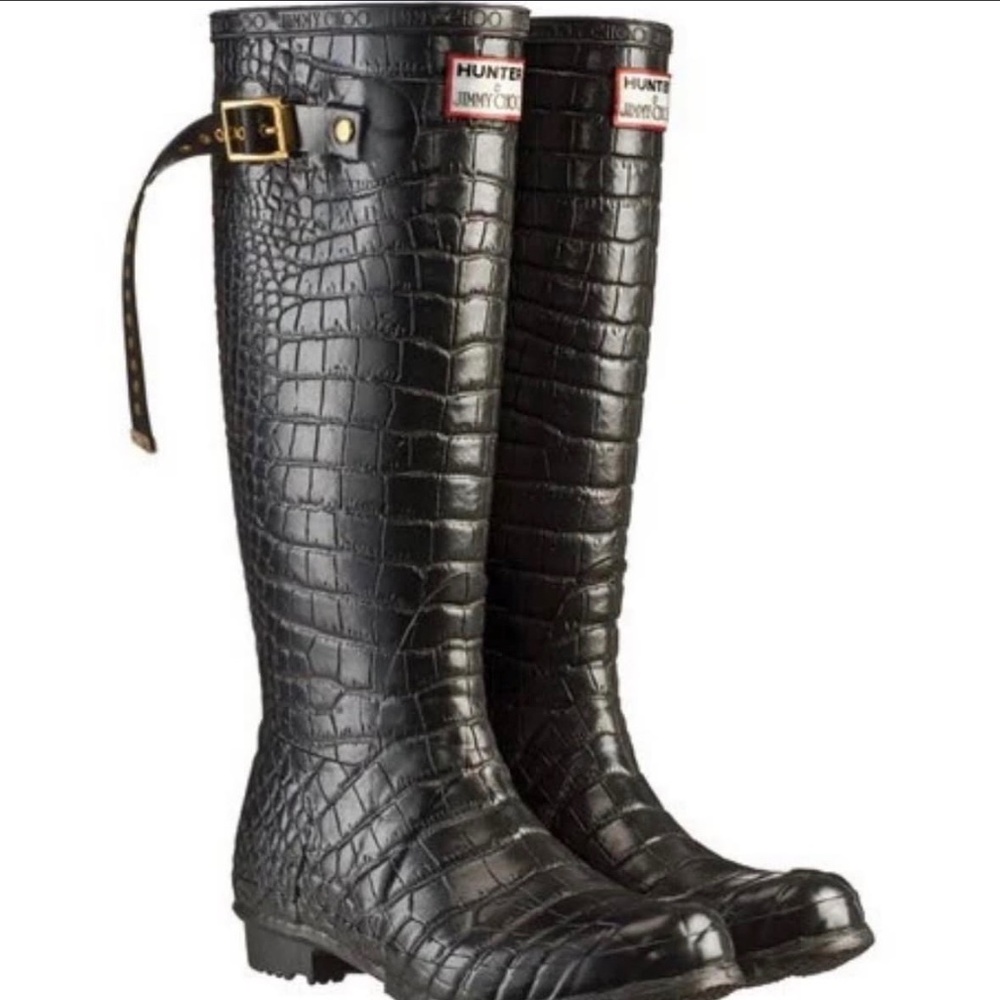Hunter x Jimmy Choo Croc-Embossed Tall Rain Boots | Black